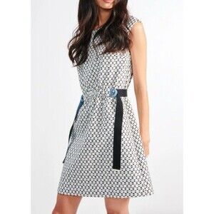 Cop Copine Dress Size 40 Large Cloud Print  Jacquard Sleeveless Belted Modern
